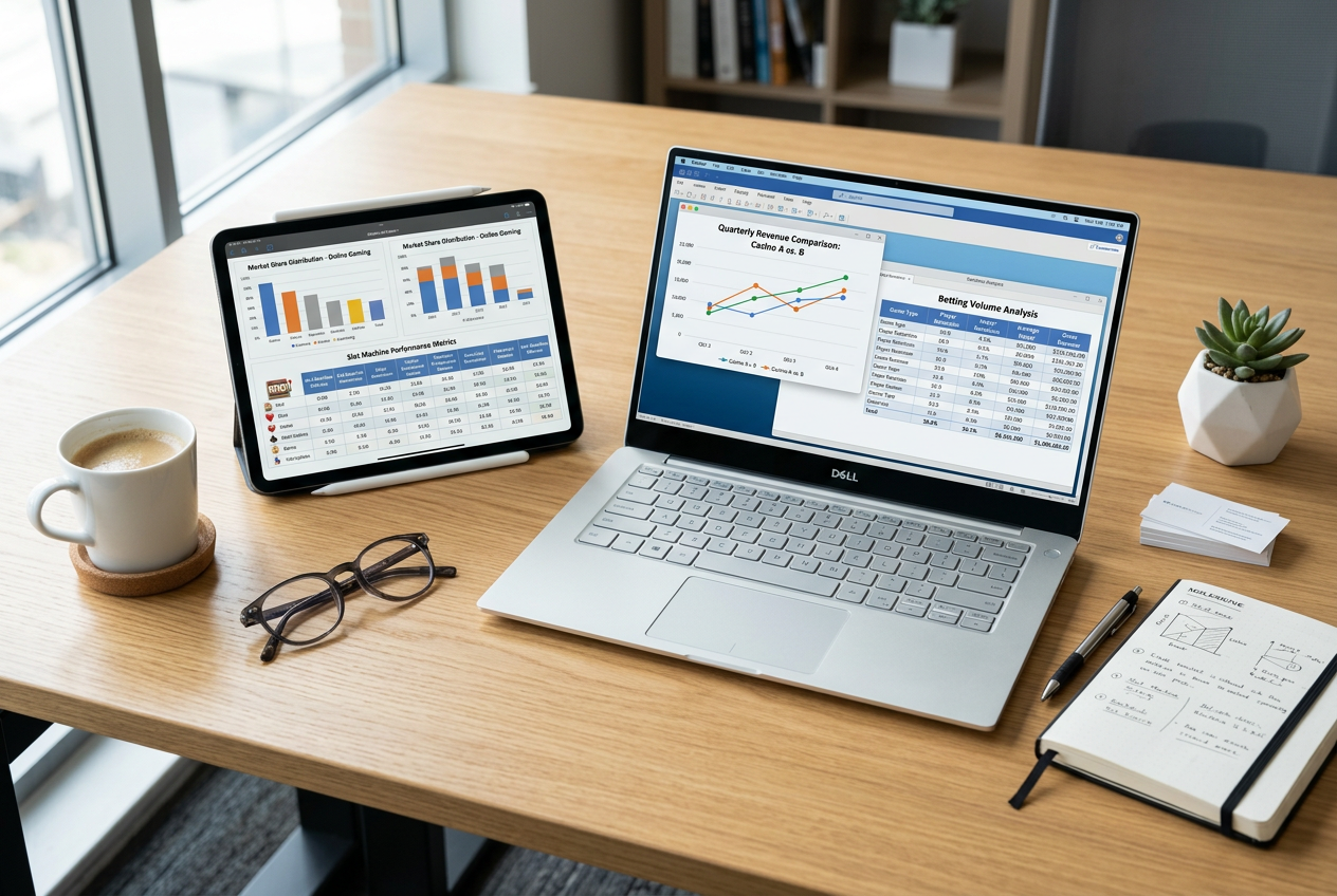 A professional environment with a laptop and a tablet showing financial charts and casino data.